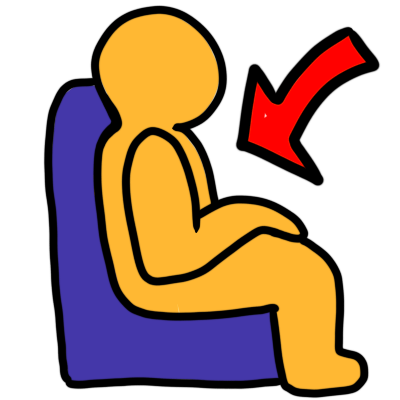 a  yellow figure sitting in a blue chair with a red downwards arrow.